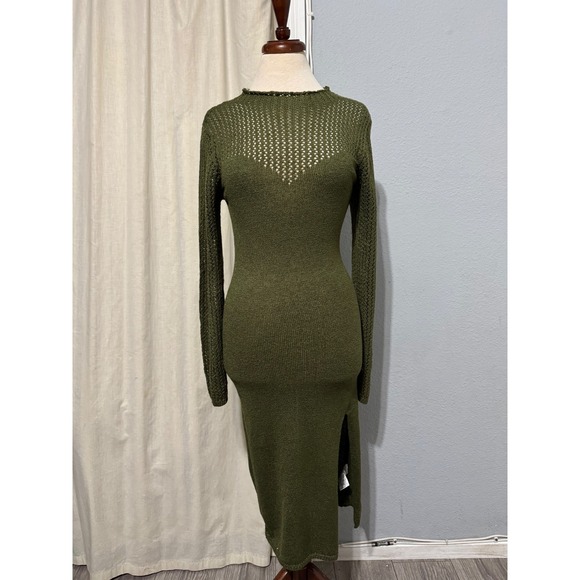 Almost Famous Y2K Olive Green Knit Midi Fairy Mesh Dress Long Sleeve SideSlit XL - Picture 2 of 14